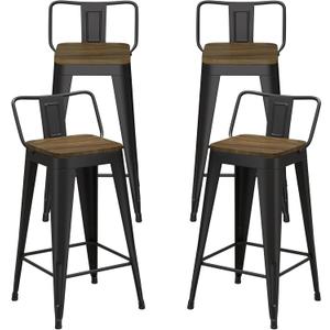 24 Inch Metal Bar Stools Set of 4, Metal Stools for Kitchen Counter with Wood Seat, Low Back Industrial Barstools (Matte Black)
