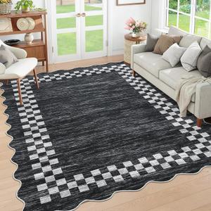 GlowSol Scalloped 8x10 Washable Rugs for Living Room Farmhouse, Neutral Rugs for Bedroom Non Slip Checkered Accent Carpet, Low Pile Stain-Resistant Large Carpet for Dining Room Office Dorm,Black