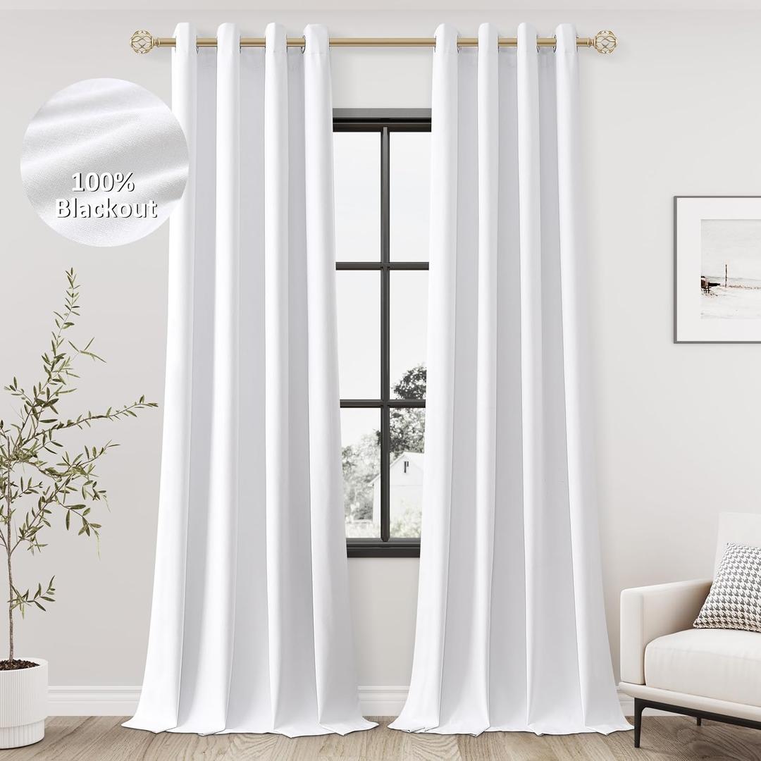 White Linen Blackout Curtains 108 Length 2 Panels Set for Living Room Bedroom, 100% Black Out Thermal Insulated Linen Drapes, Room Darkening Grommet Curtains 108 Inches Long