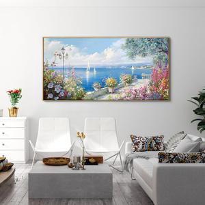 XLSJERST Large Coastal Wall Art - Ocean Seascape Canvas Yellow Green Flowers Painting Landscape Sailboat Picture Artwork Modern Large Framed for Living Room Bedroom Home Office Decor 58x29 Inches, 60 x 30 inches