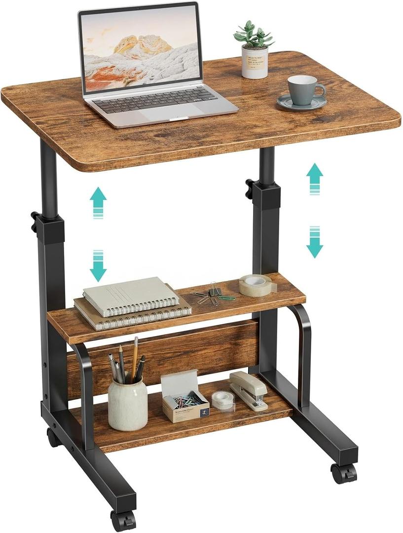 WINAZ C Shaped Rolling Laptop Desk - 24" Rustic Brown Mobile Desk with Wheels for Small Spaces, Height Adjustable Overbed Table with 2-Tier Storage Shelves, 23.6"