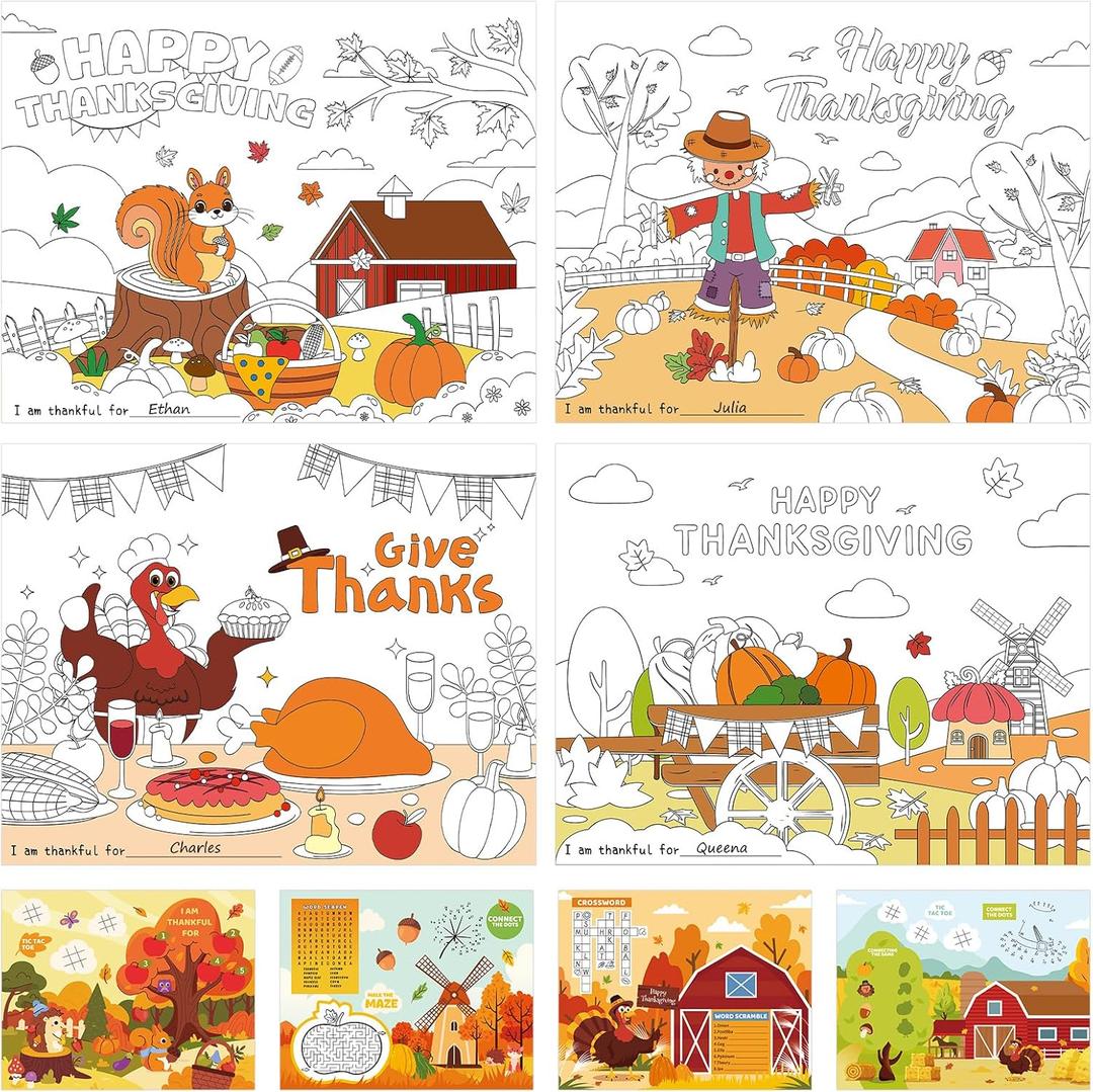 16PCS Thanksgiving Coloring Placemats, Large Kids Paper Thanksgiving DIY Placemats for Classroom Crafts Activity Party Supplies (Classic)