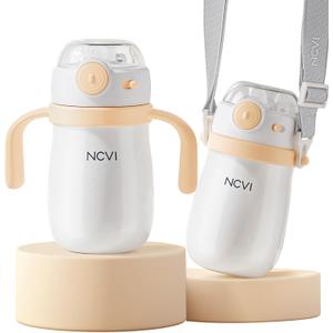 NCVI Kids Stainless Steel Straw Cup for Toddlers 1-3 Years Old, Training Tumbler with Straw Spill Proof with Handle, Insulated Bottle to Keep Cold Warm for Water/Milk/Drink, Yellow 10floz