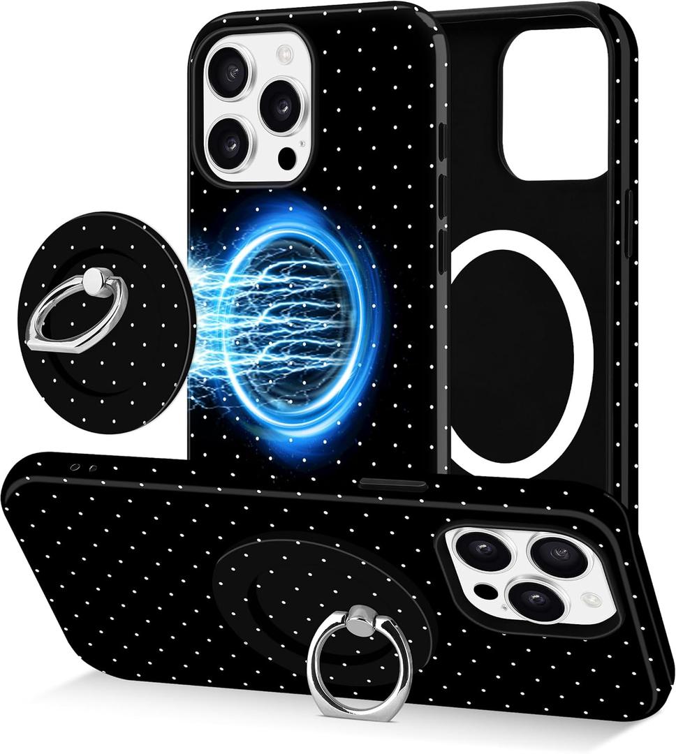 Jusy Compatible with Magsafe Polka Dot Phone Case for iPhone 15 Pro Max, Cute Aesthetic Magnetic Ring Holder Stand Case, Soft TPU and Hard PC Protective Phone Cover for Women Girls - Black Polka Dot