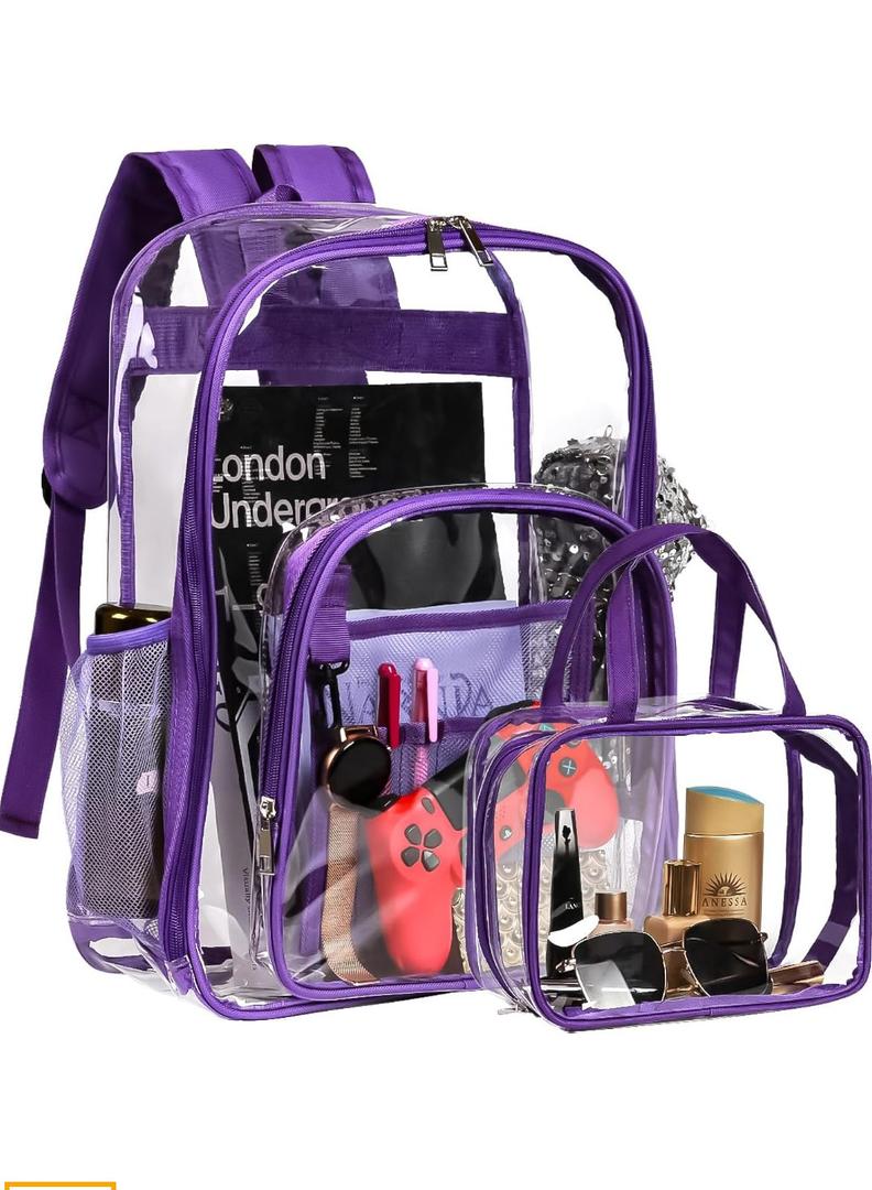 forstree 2 Pieces Heavy Duty Clear Backpack, Purple PVC Waterproof Bag With Cosmetic Bag, See Through Book Bag With Lunch Bag, Stadium Approved, Reinforced Strap, School, Work, Women, Men, Boy, Girl