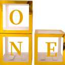 Sooyee Gold First Birthday Decorations for Girl or Boy,3 Pcs ONE Balloon Boxes for 1st Birthday Girl Decoration,Baby Cube Blocks Party Decor with ONE Letters for Photoshoot Props, Cake Smash Backdrop