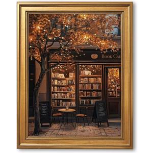 Ripiyome Autumn Coffee Shop Canvas Print Poster Moody Bookstore Wall Art Cozy Cafe Fall Artwork Aesthetic Painting for Book Lovers Thanksgiving Decor Living Room Reading Nook 12x16inch Golden Frame