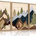 Mountain Pine Tree Framed Canvas Wall Art Set, Nature Wilderness Illustration Wall Decor, Woodcut Forest Wall Painting, Mid Century Modern Art Print for Living Room Bedroom Office 16"x24"x3