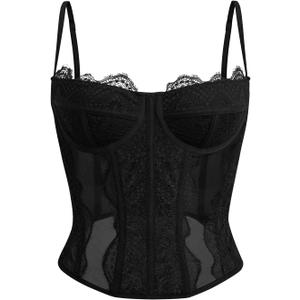Dealmore Corset Tops For Women Going Out Lace Mesh Date Night Fall Fashion Outfits Clothes Crop Cute Party Strap Tank (X-Large, Black)