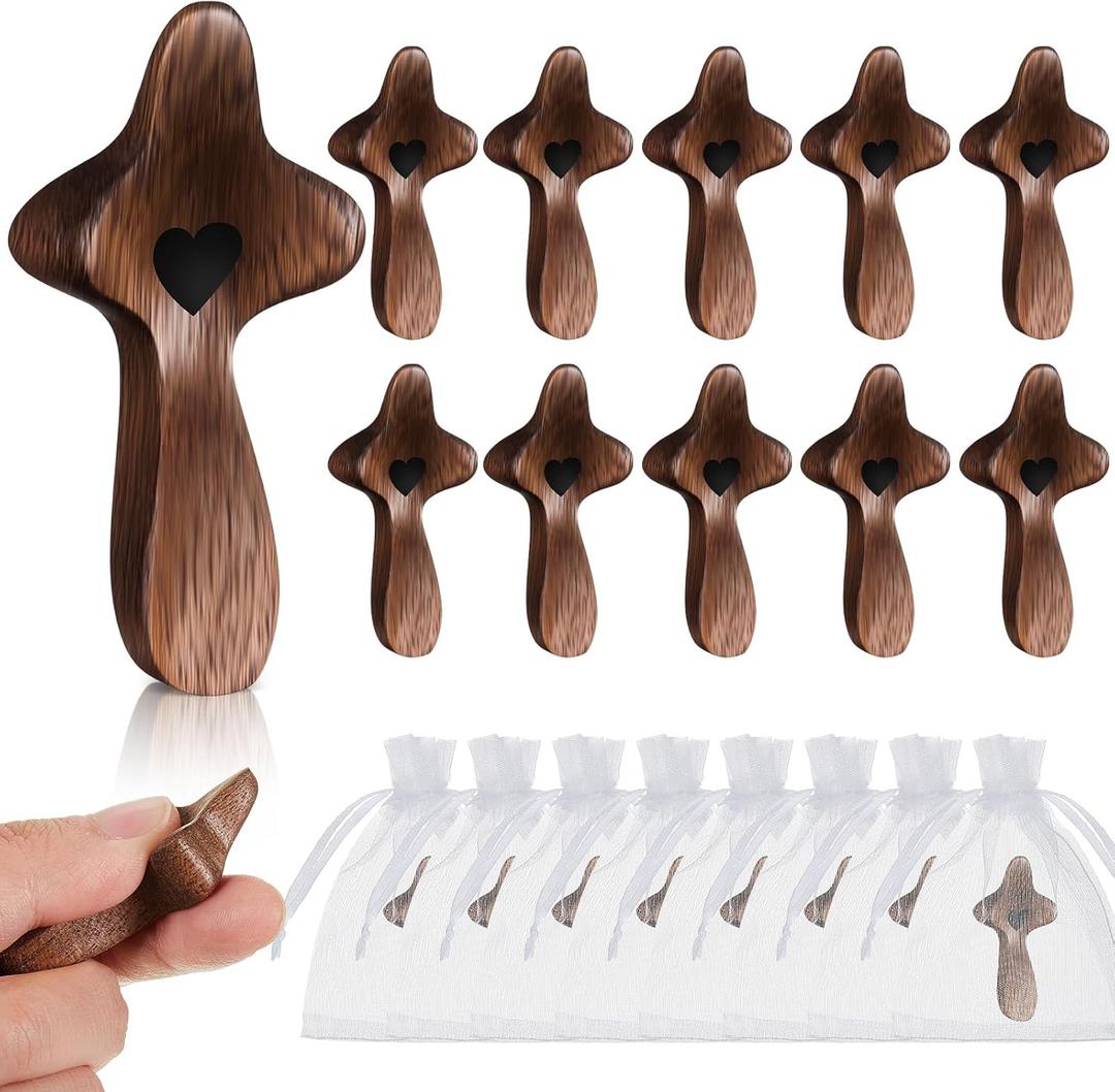 Threehoney 10 Pcs Cross My Heart, Encouragement Gift Small Wooden Handheld Pocket Crosses in Bulk with Organza Bag Wood Fingertip Stress Fidget Relief Religious Craft for Christians Prayer Church