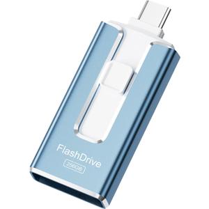 MFi Certified 256GB Flash Drive for iPhone, 3 in 1 Type-C USB Memory Stick Thumb Drive for Photos Videos Storage, High Speed External Memory Storage Photo Stick for iPhone iPad Android PC (Sky Blue)