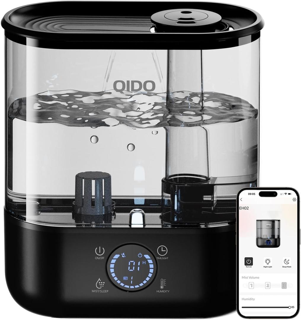 COMHOMA Smart Humidifiers for Bedroom, 5L Top Fill Supersized Humidifier Essential Oil Diffuser for Baby & Plants, 3 adjustable Mist with 28dB Quiet, Touch/APP/7-color Nightlight, 36H Runtime, Black