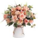 LESING Artificial Silk Rose with Vase Fake Flowers Wedding Flowers Bouquets Arrangement Home Office Party Centerpiece Table Decoration (Pink)