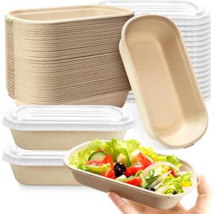 LeonBach 50 Pack Small Disposable Take Out Food Containers with Lid,17 oz Compostable Bagasse Paper To Go Containers Disposable Cardboard Meal Prep Container Serving Bowls for Salad Leftovers Snack, Natural 