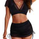 Zilcremo Women High Waisted Bikini Set Ruffle Sleeve Tummy Control Swimsuits Curvy Mesh Swim Skirt Black L