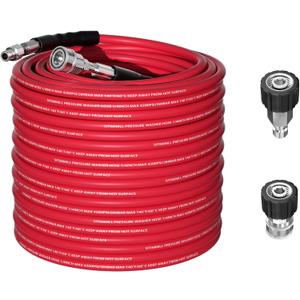Pressure Washer Hose 100FT 1/4'' with Steel Wire Braided Pressure Washing Hose 4200 PSI Wear Resistant with Swivel 3/8" Stainless Steel Quick Connect for Power Washer and Hot/Cold Water (Red)