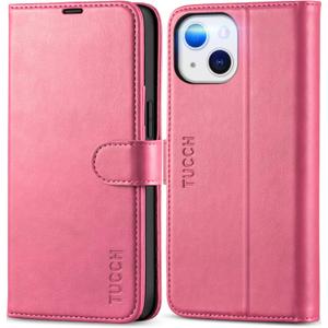 TUCCH Wallet Case Compatible with iPhone 13 (6.1" 2021), RFID Blocking Card Holder Stand PU Leather Cover with Shockproof TPU Shell for iPhone 13 6.1", Hot Pink