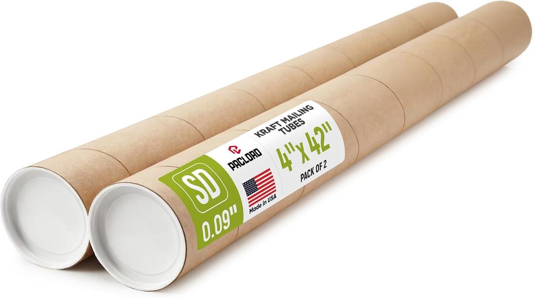 4" x 42" Made in USA Kraft Paper Mailing Tube, 2 Tubes, 4 Caps | USPS Approved Cardboard Tube for Shipping and Storing Posters, Prints, Artwork, and Documents