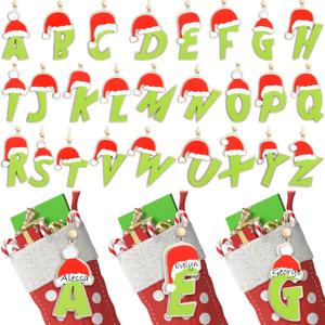 26 Pcs Christmas Stocking Name Tags Letter Cutout Initial Ornaments Personalized Lime Green DIY Craft Hanging Name Tags Double Layer Wooden with Wood Beads for Christmas Rustic Decor