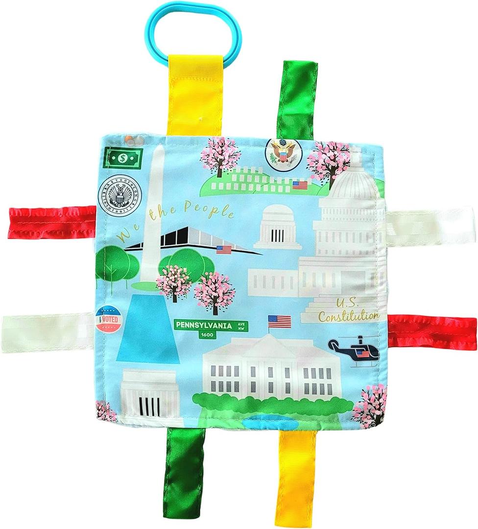 Baby Jack & Co 8x8' Learning Lovey Washington DC Tag Toys for Babies - Crinkle Toys - Soft & Safe - Learn USA Cities and Shapes - Ideal Baby Toy & Gift BPA Free w/Stroller Clip