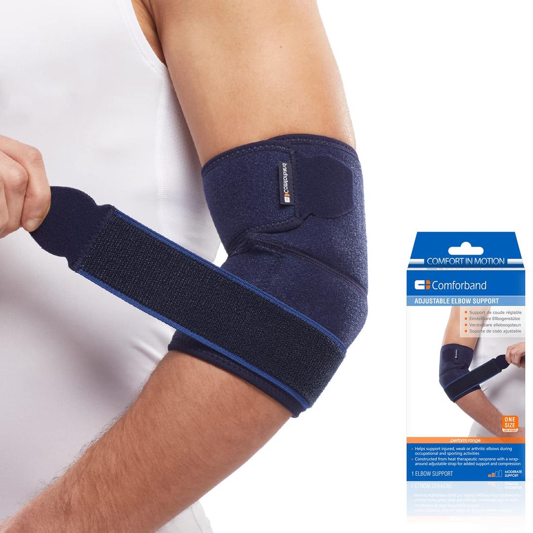 Comforband Adjustable Elbow Brace  Targeted Support for Tennis Elbow, Golfer's Elbow, Tendonitis, Arthritis, Bursitis, Sprains, and Strains  One-Size-Fits-Most Compression Sleeve for Pain Relief and Injury Recovery