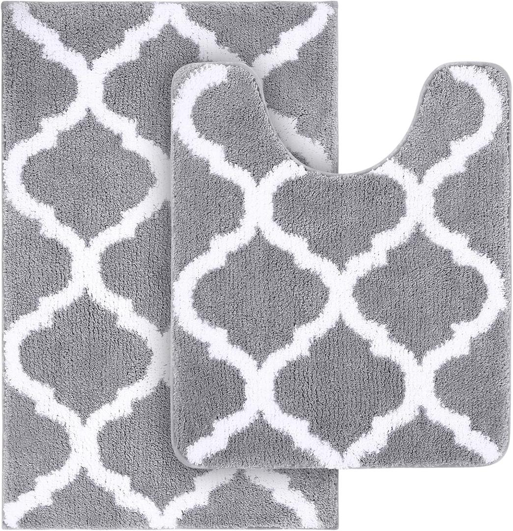 OLANLY Bathroom Rugs Set 2 Piece, Microfiber Bath Shower Mat and U-Shaped Toilet Rug, Machine Wash Dry, Non-Slip Absorbent Shaggy Bath Mats for Tub, Shower and Bathroom (24"x16"+24"x20", Grey)