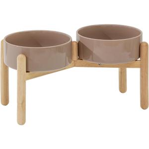 Havniva Ceramic Raised Dog Bowl with Stand for Medium and Large Breed Dog Dish Pet Food and Water Bowl (Double Bowl with Stand - Brown Coffee, 8" D)