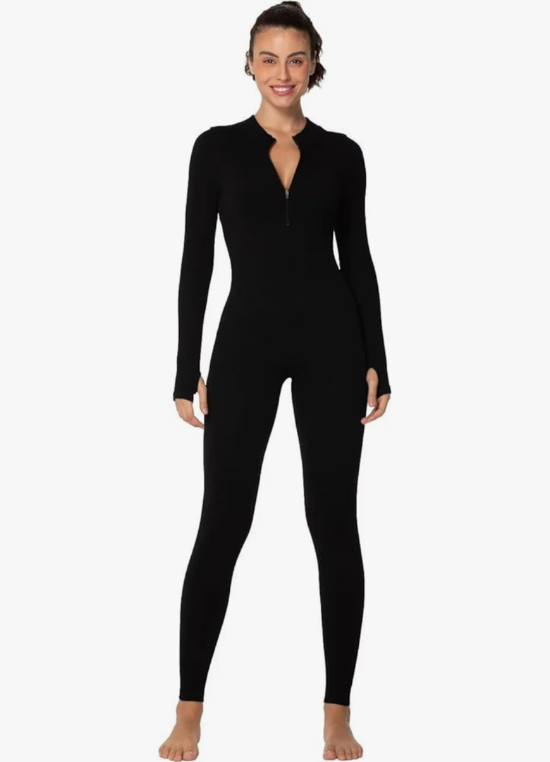 Sunzel Long Sleeve Jumpsuits for Women, Ribbed One Piece Casual Yoga Workout Zip Front Bodycon, Legging Fit & Thumbhole M