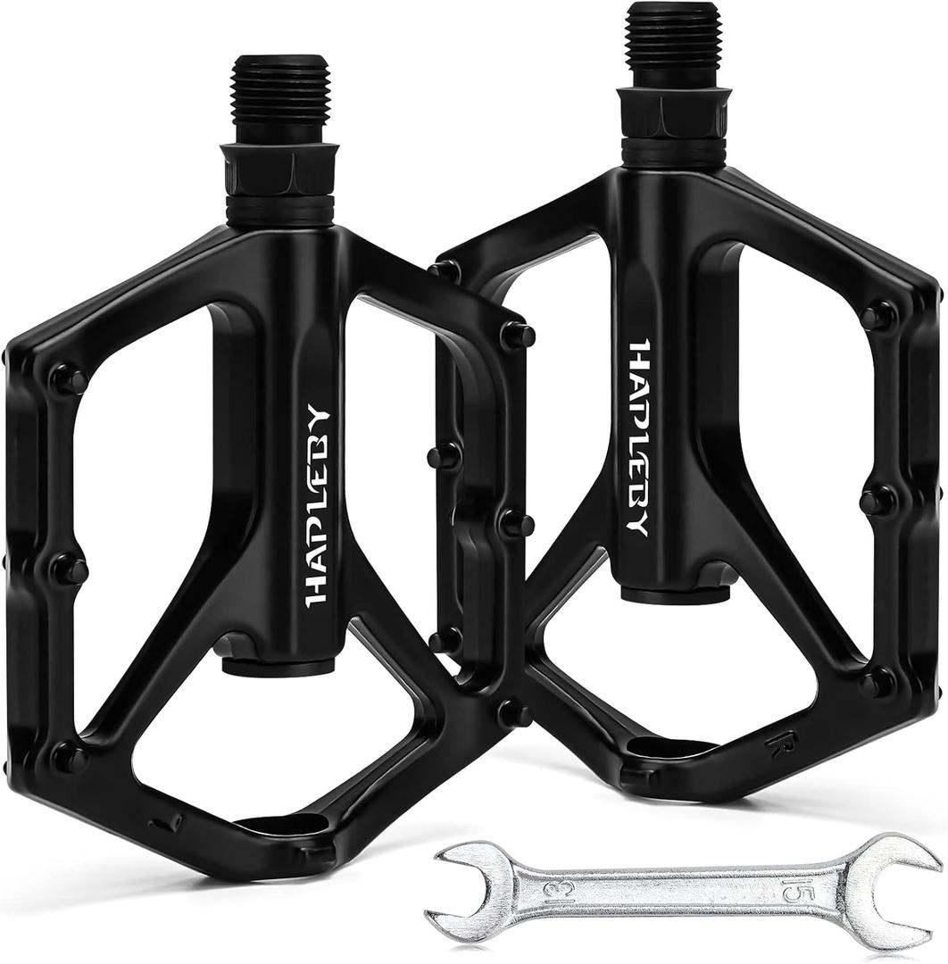 Hapleby Premium Bike Pedals of 9/16 Inch, Professional Mountain and Road Bike Flat Pedal with 2 Sealed Bearings, Wide Paltform and Lightweight of Bicycle Pedals, Come with Pedal Wrench 1PCs