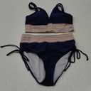 Blooming Jelly Women High Waisted Bikini Sets Tummy Control Swimsuits Color Block Two Piece Drawstring Bathing Suit (Medium, Dark Blue)