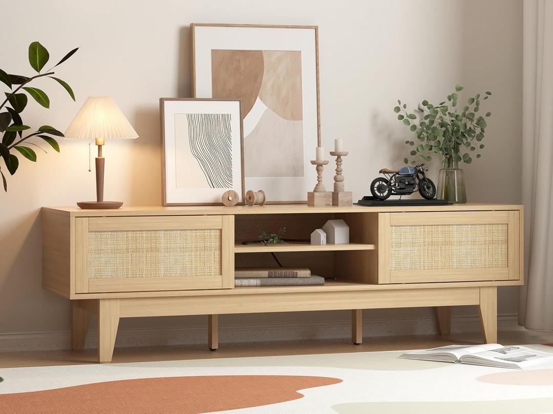Boho TV Stand for 55 65 Inch TV, Rattan Entertainment Center with Shelves, Cabinets and Sliding Doors, TV Media Console Table with Solid Wood Feet & Cord Holes for Living Room, Bedroom, Natural (TVs up to 32"-65", Natural With Rattan)