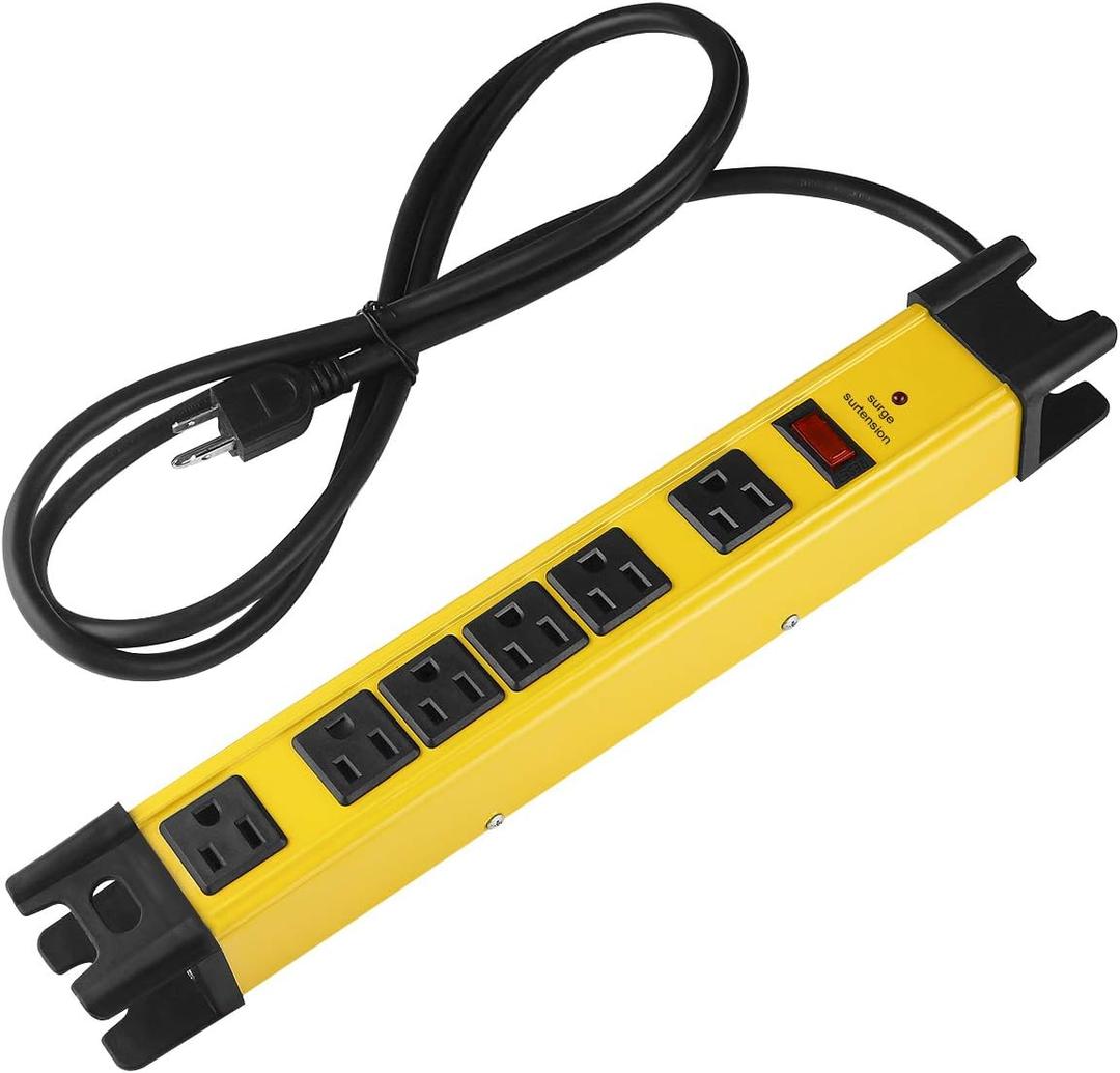 CCCEI Heavy Duty Power Strip Surge Protector with 15A, 6 Plug Industrial Shop Workshop Garden Metal Multiple Outlets, 6FT Extension Cord 1200 Joules ETL Listed, Yellow