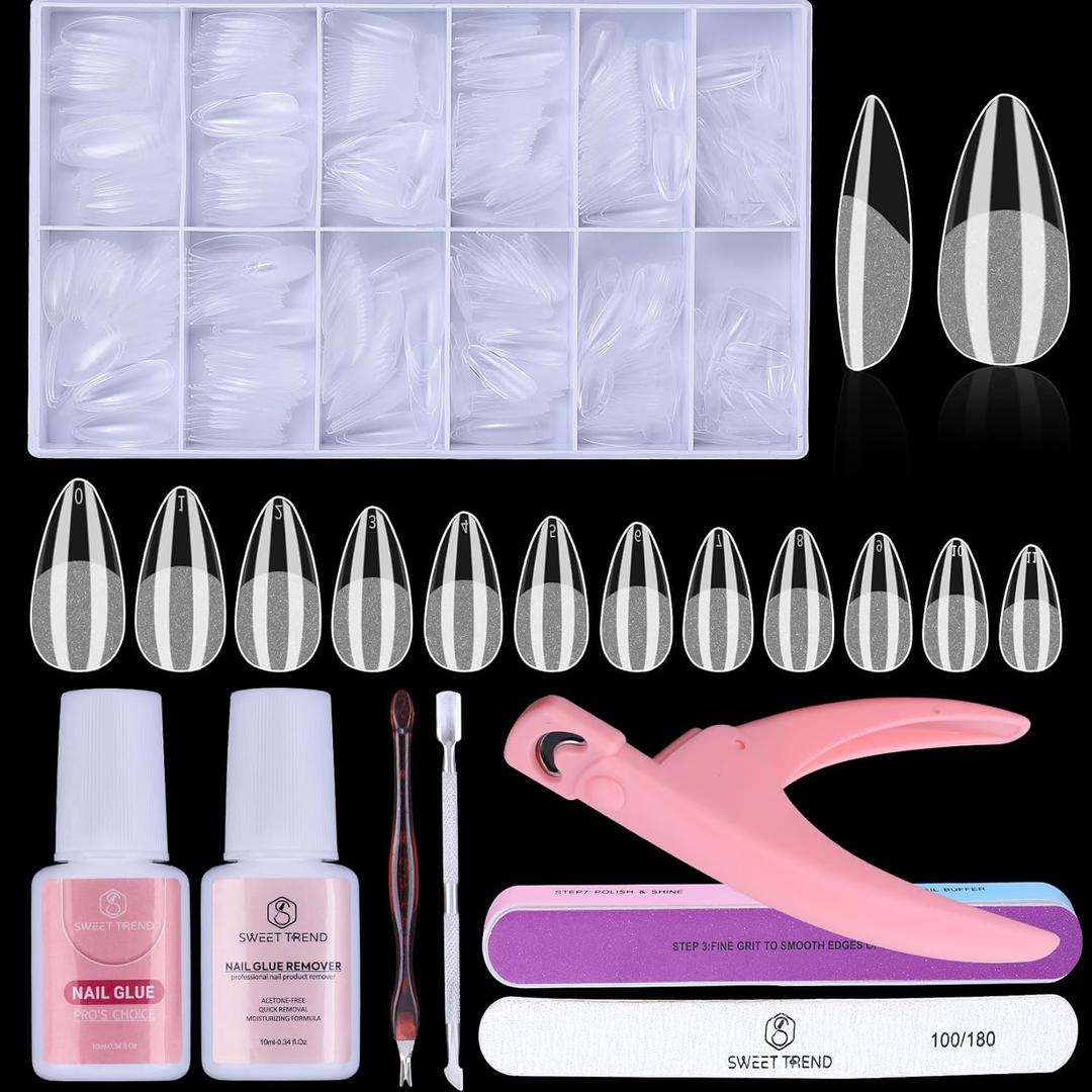 Almond Fake Nail Tips Medium: 600Pcs Full Cover Nail Tips for Acrylic Nails Professional Clear Nail Tip with Nail Glue Remover & Glue Acrylic False Nail Clippers Art Nail Extension Kit for Home Salon