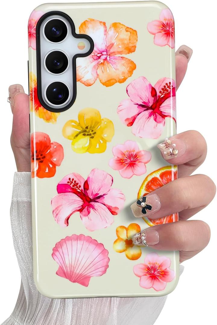 SOKAD Magnetic Hibiscus Seashell Phone Case for Samsung Galaxy S25 Plus, Cute Summer Florals Pattern Compatible with Magsafe Glossy Protective Case Cover with Screen Protector for Girls Women