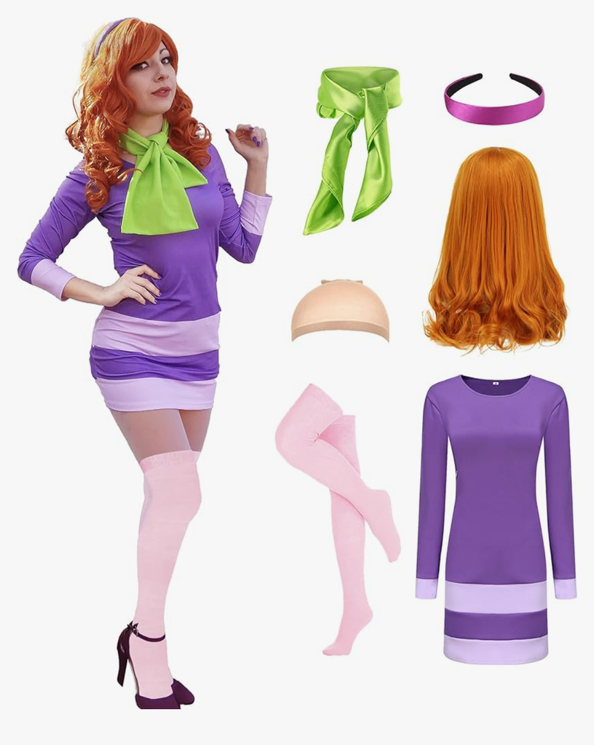 Daphne Costume Dress Women Adult Halloween Costume Deluxe Cosplay Outfits Wig Scarf Headband Stockings Accessories, Small