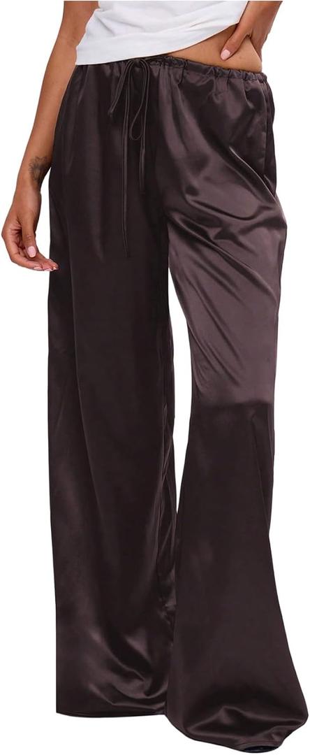 MakeMeChic Women's Summer Satin Silk Pants Casual Flowy Pants Beach Vacation Wide Leg Pants, Small