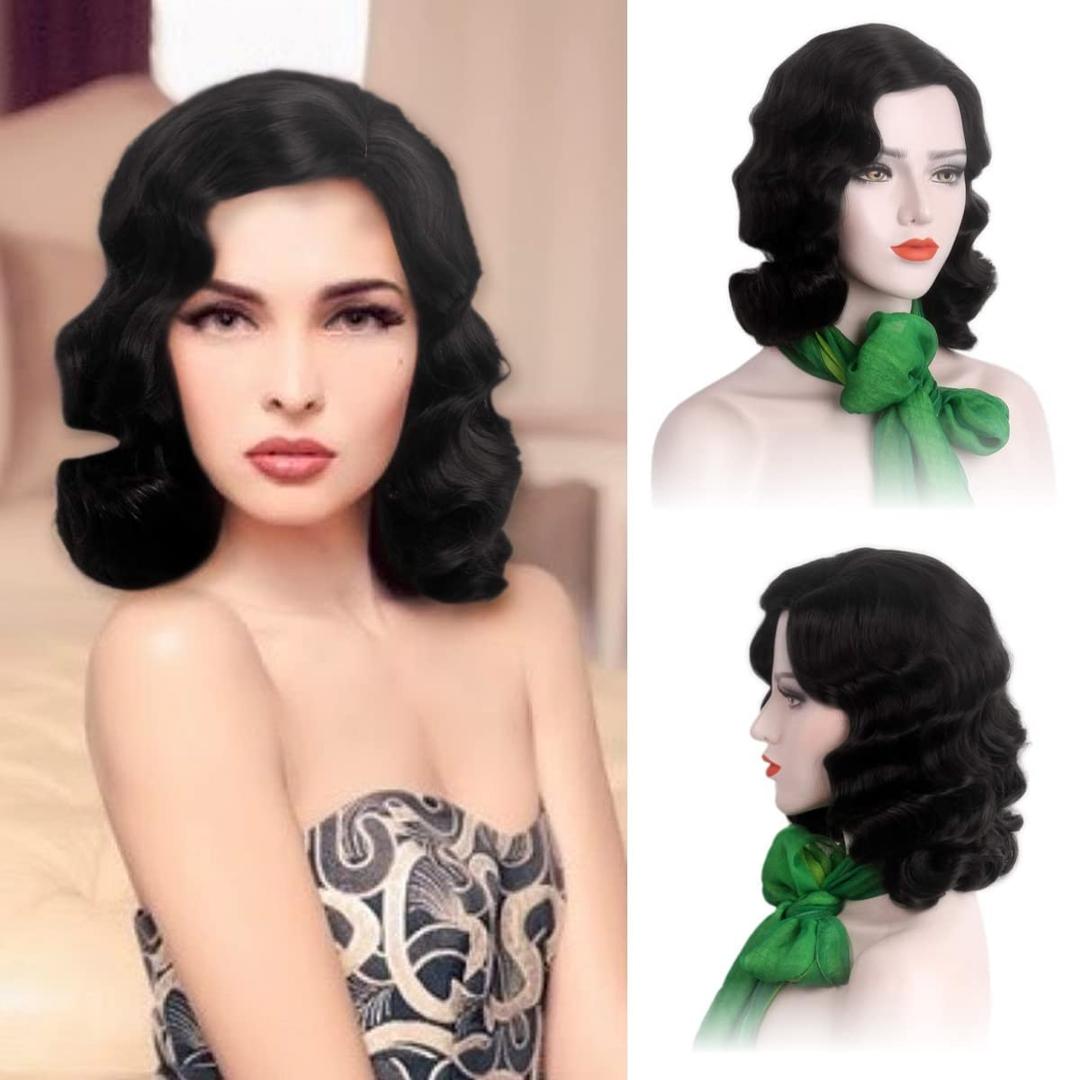 Black 20s Wig for Women Long Finger Wave Party Wigs Synthetic Full Vintage Wigs for Womens Lady Cosplay Costume Fancy Dress 1920s Flapper Wig