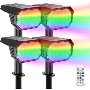 Brightown Solar Color Changing Lights Waterproof, Multicolor RGB Solar Spot Lights Outdoor with Remote Control, 3 Modes Solar Powered Outdoor Lights for Yard Porch Pathway Garden, 4 Pack