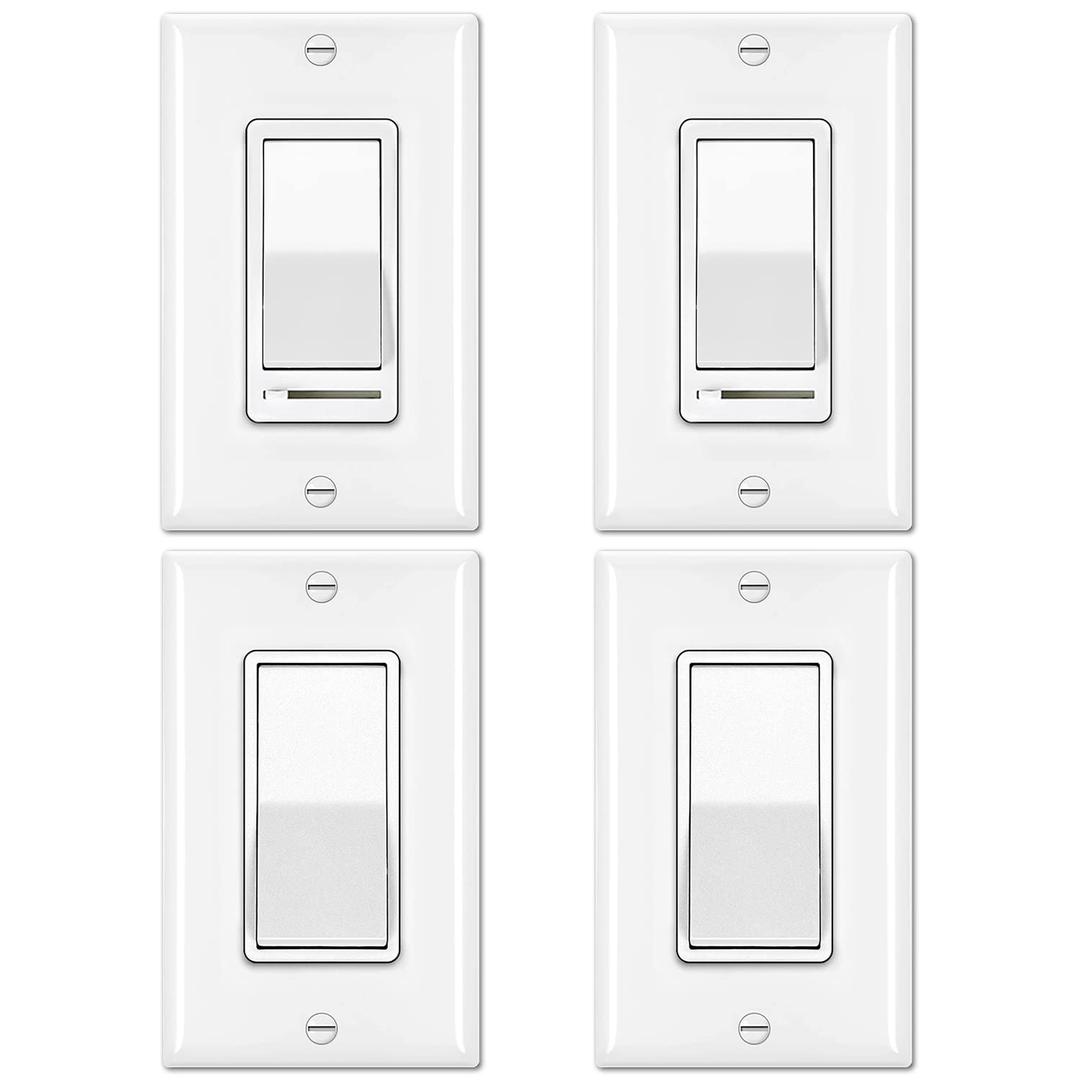 BESTTEN 2 Pack Dimmer Light Switch, Universal Lighting Control, Single Pole or 3 Way, and 2 Pack 4-Way Decorator Wall Light Switch with Wallplate, 15A 120/277V, Self-Grounding, UL Listed, White