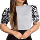 acelyn Womens Summer Leopard Print Patchwork Puff Short Sleeve Shirt Casual Slim Fit Blouse Tops XL