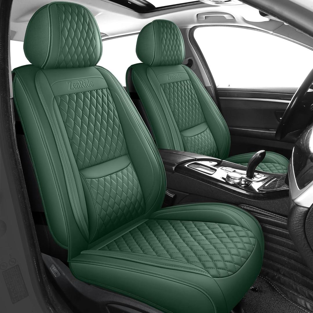 Green Thick Nappa Leather Automotive Front Car Seat Covers Set of 2 | Univerasal Precision Fit,Lumbar Support,3D Contoured,Semi Coverage,Waterproof,ThickTexture,for most Suvs Trucks Sedans
