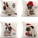 Set of 4 Linen Christmas Pug Throw Pillow Covers 18x18 Inch Dog in Striped Cardigan Horn Deer Home Decor Cushion Covers Square Pillowcases for Sofa Couch