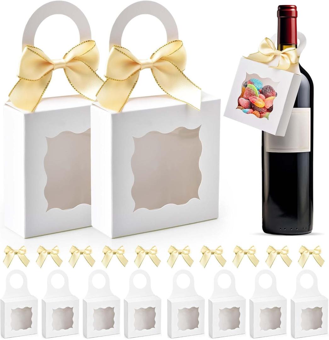 Sankoly 10 Pieces Wine Bottle Box with Window Paper Wine Gift Box with Bow Tie Mini Gift Boxes Bottle Hanger Favor Box for for Holding Candy Chocolate Cookies Mini Gift (White)
