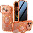 Magnetic Privacy Case for iPhone 17 Pro Max [DIY Glitter Cardstock] [Invisible Magnetic Kickstand] Built-in Anti Peep Screen Protector, Camera Protection Full Body Glitter Case for Women - Orange