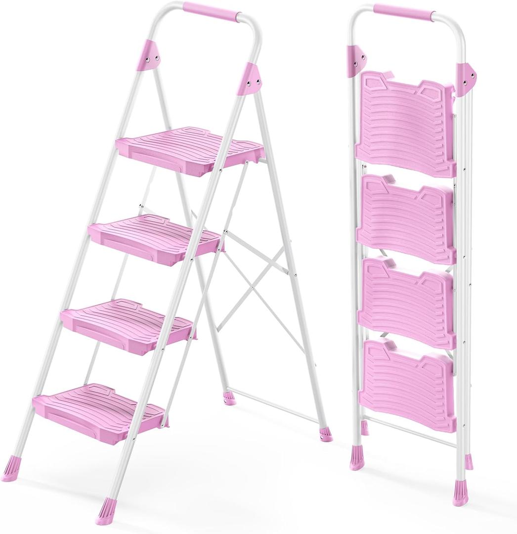 KINGRACK 4 Step Ladder, 900lbs Sturdy Step Stool with Handrail, Anti-Slip Wide Pedals, Foldable Stepladder for Home, Garage, Garden, Household, Pink, Pass 900LBS Testing, Pink