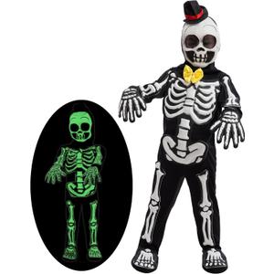 Spooktacular Creations Glows in the Dark Skeleton Costume for Boys, Halloween Skeleton Costume, Bone Jumpsuit for Kids (Toddler (3-4yr)