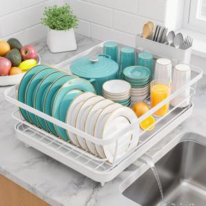 Sakugi Stainless Steel Dish Drying Rack for Kitchen Counter, Sink Organization and Storage Essentials with Silverware & Utensil Holder, Home and Apartment Decor, 12''W x 15.5''L, White