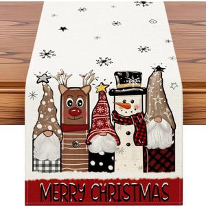 OTOSTAR Gnomes Snowman Elk Merry Christmas Table Runner, Xmas Seasonal Winter Holiday Kitchen Dining Table Decoration for Home Party Decor 13x36 Inch