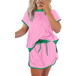 SELINK Lounge Sets for Women 2 Piece Skirt Colorblock Drop Shoulder T Shirt and Skort Set Summer Tracksuits (Small, Pink)