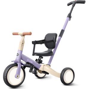 newyoo Toddler Tricycle with Push Handle for 1-3 Year Old, Toddler Bike, Birthday Toy for Boys and Girls, 5 in 1 Kids Trike, Balance Bike with Backrest and Safety Belt, Purple, TR007, Large